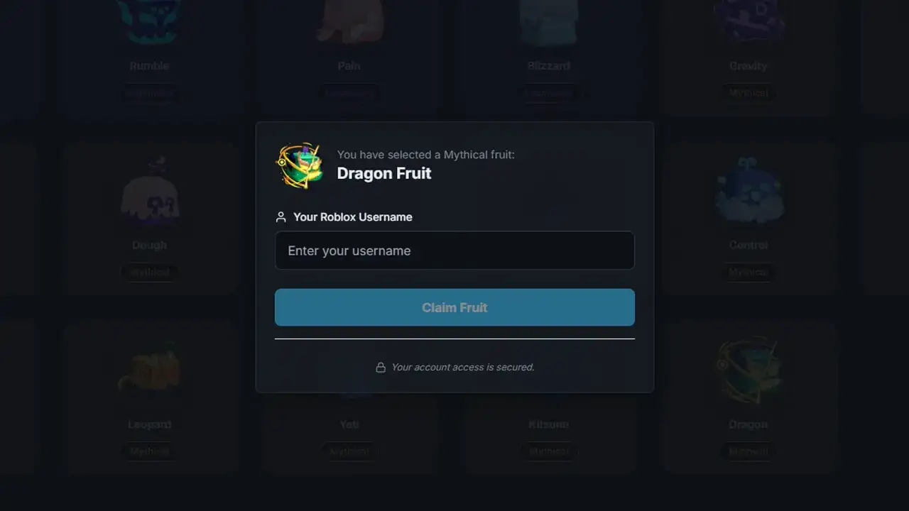 The user-friendly interface of the Blox Fruit Generator, showing a selection of mythical fruits like Dragon and Kitsune.